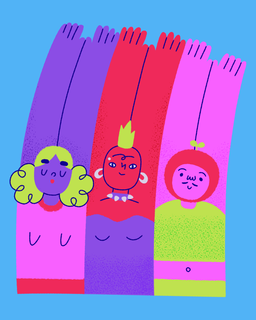 Three diverse characters raising their arms to form a rainbow, celebrating LGBTQ unity and inclusion on a soft blue background with subtle animated details