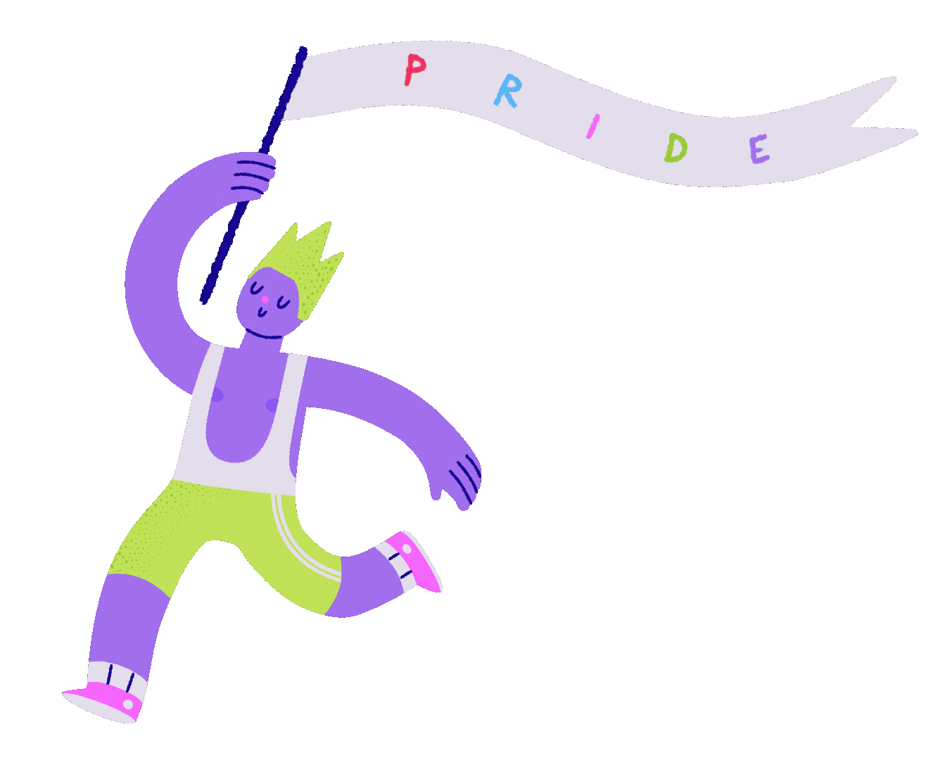 Animated LGBTQ Pride illustration of a happy purple character waving a white flag with the word “PRIDE” in changing rainbow colors, minimalist editorial style