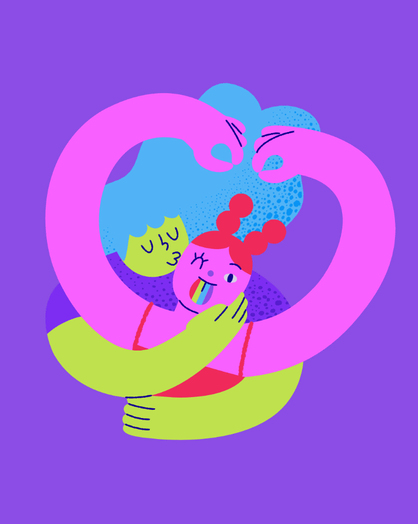 Two women celebrating LGBTQ love, one giving a cheek kiss while the other forms a heart with raised arms, featuring a playful animated rainbow tongue on a purple background